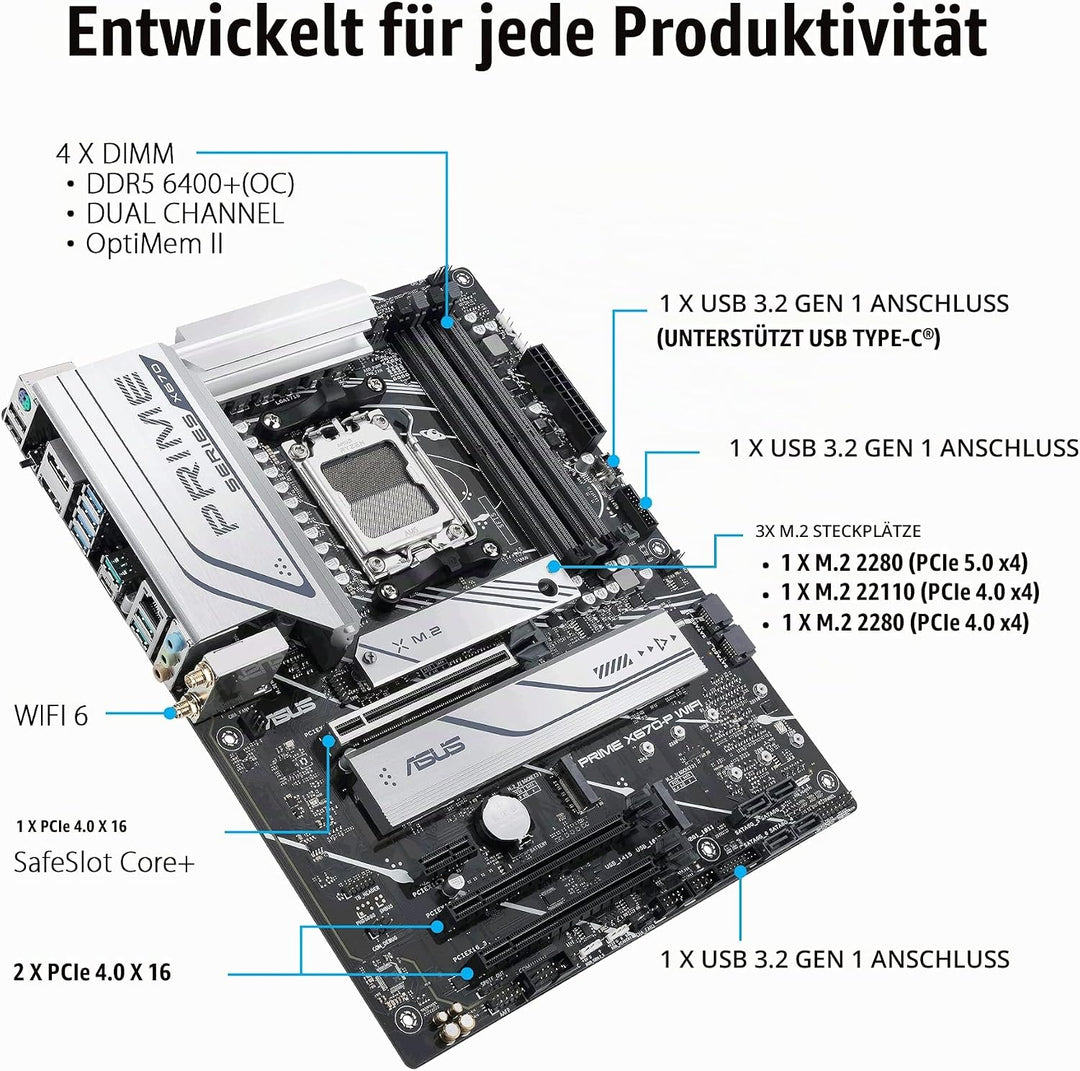 ASUS PRIME X670-P WIFI Gaming Mainboard Sockel AMD AM5 (Ryzen 7000, ATX, PCIe 5.0, 3x M.2, DDR5-Spei