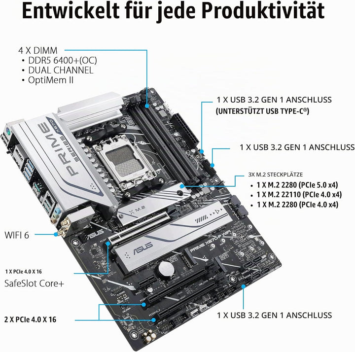 ASUS PRIME X670-P WIFI Gaming Mainboard Sockel AMD AM5 (Ryzen 7000, ATX, PCIe 5.0, 3x M.2, DDR5-Spei