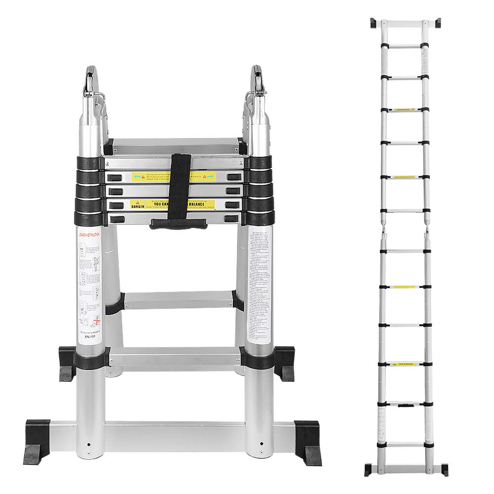 Eulenke 3,8M (1.9+1.9M) Teleskopleiter - Rutschfester Multifunktionsleiter 150 kg Belastbarkeit - Al