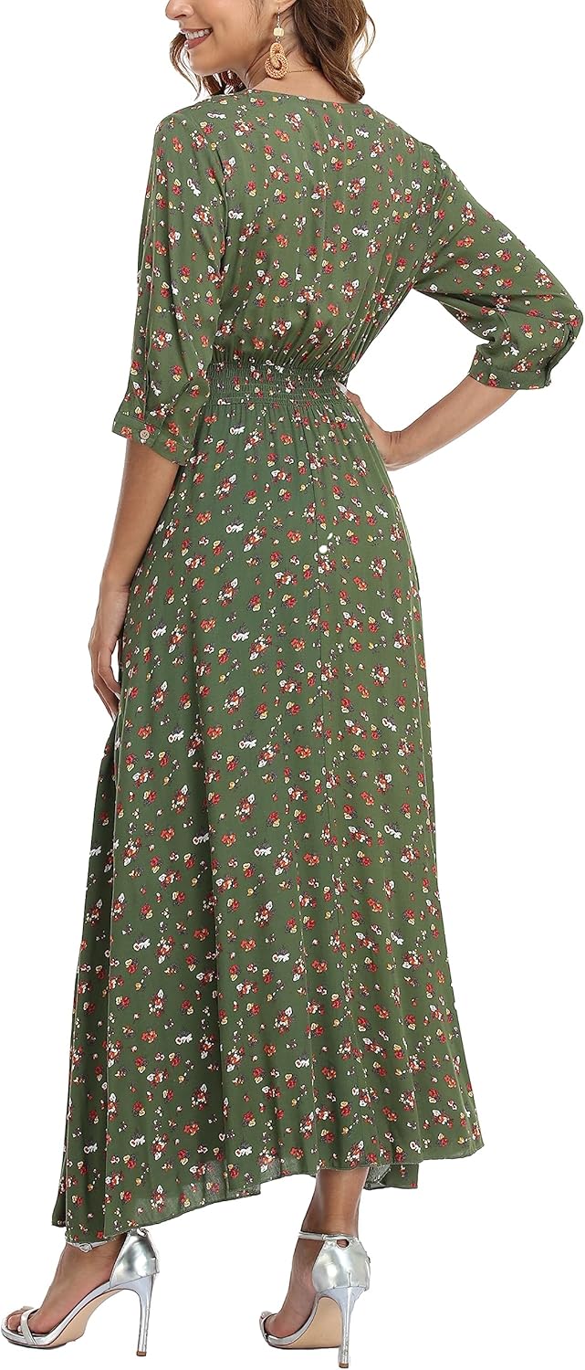 Damen Lange Split Knopf Up Sommer Maxikleid Floral Strandwear Holidy Kleid Hohe Taille mit kurzen Är