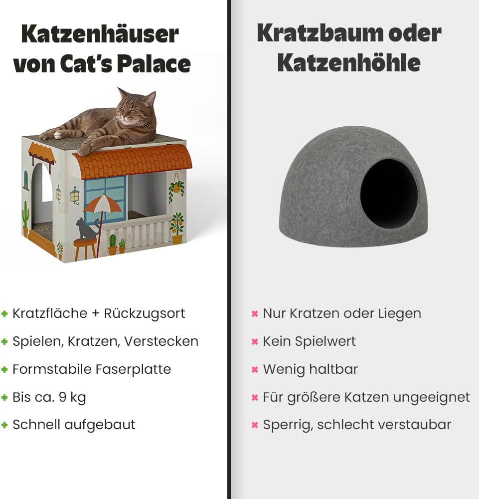Cat’s Palace Katzenhaus Mediterrane Finca – Rückzugsort &amp; Kratzmöbel mit 2 Kratzflächen für Katzen |