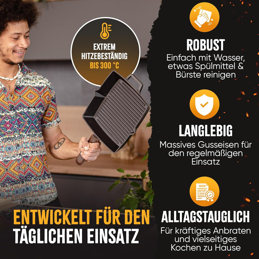 Grillpfanne Gusseisen 26 cm emailliert, voreingebrannt [Kein Einbrennen erforderlich], Steakpfanne g