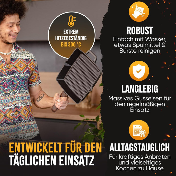 Grillpfanne Gusseisen 26 cm emailliert, voreingebrannt [Kein Einbrennen erforderlich], Steakpfanne g