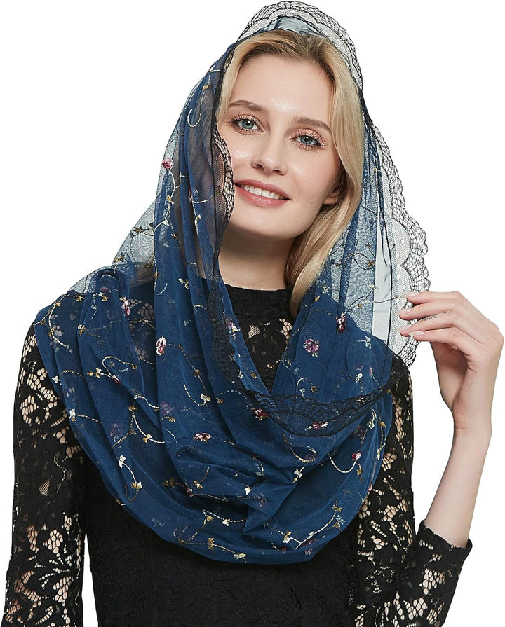 Orthodoxer Schleier Kopfbedeckung mit bestickten Blumen Katholische Kapelle Mantilla Schleier V50 Ma