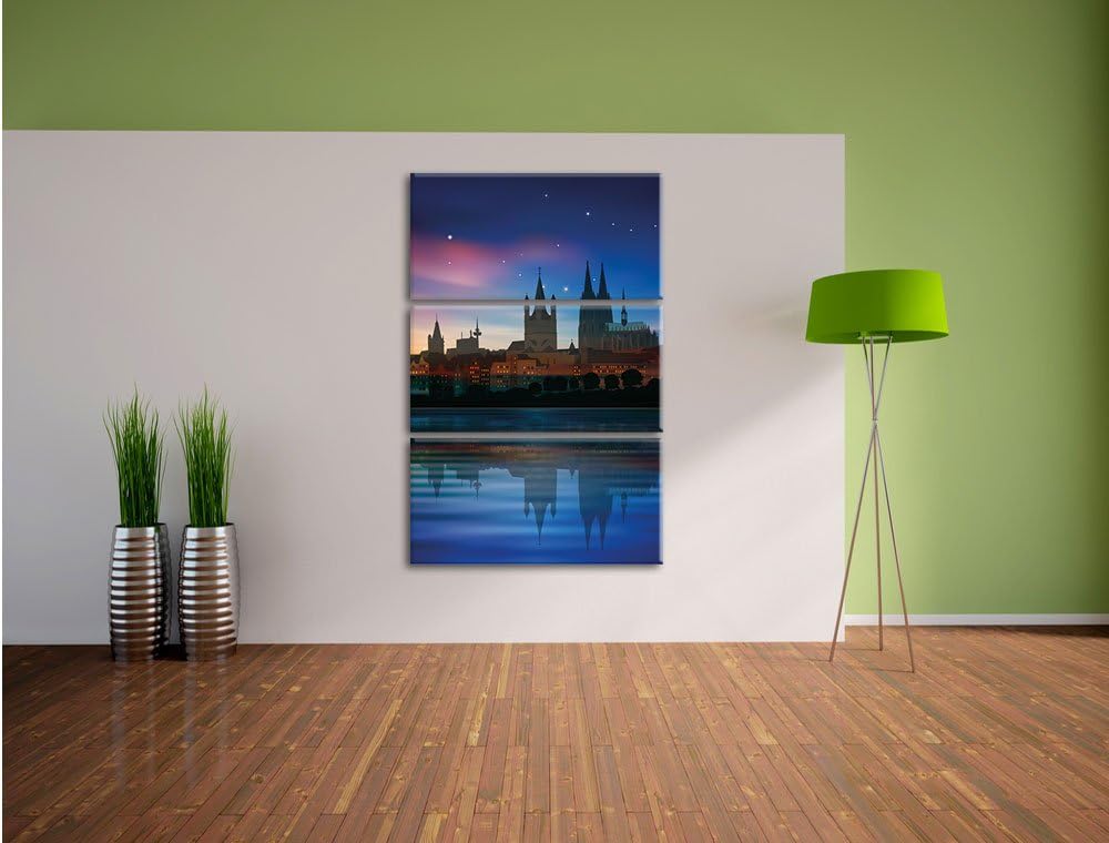 Pixxprint Polarlichter Skyline Köln / 3-Teilig/Gesamtmass 120cm Leinwandbild bespannt auf Holzrahmen