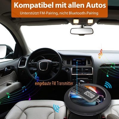 Hernido Tragbarer CD-Player für Auto, kompakter CD Player mit FM-Transmitter, USB wiederaufladbarer