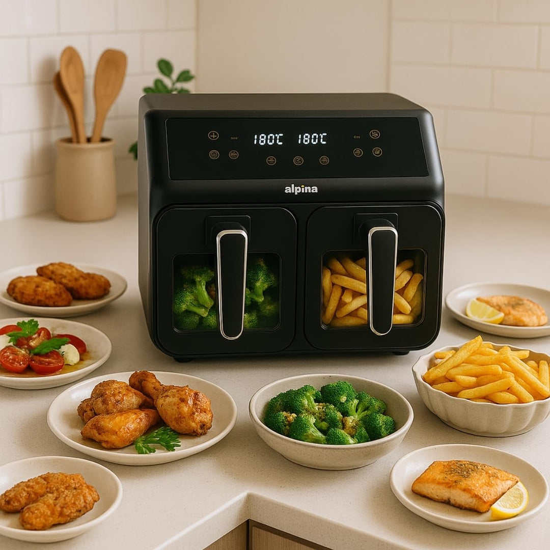 alpina Heissluftfritteuse 2 Kammern 8L - Airfryer mit Digitaldisplay - Air Fryer mit Timer und Tempe