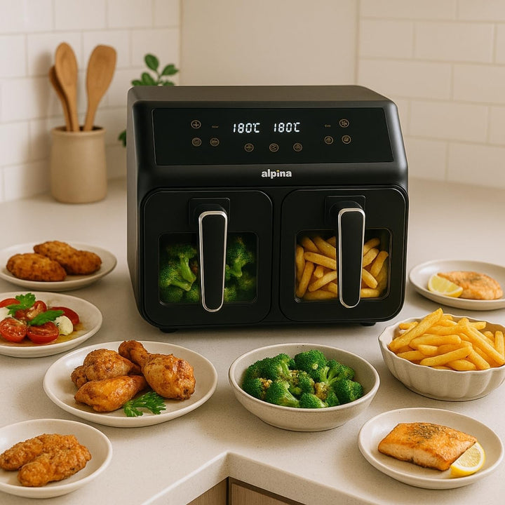 alpina Heissluftfritteuse 2 Kammern 8L - Airfryer mit Digitaldisplay - Air Fryer mit Timer und Tempe