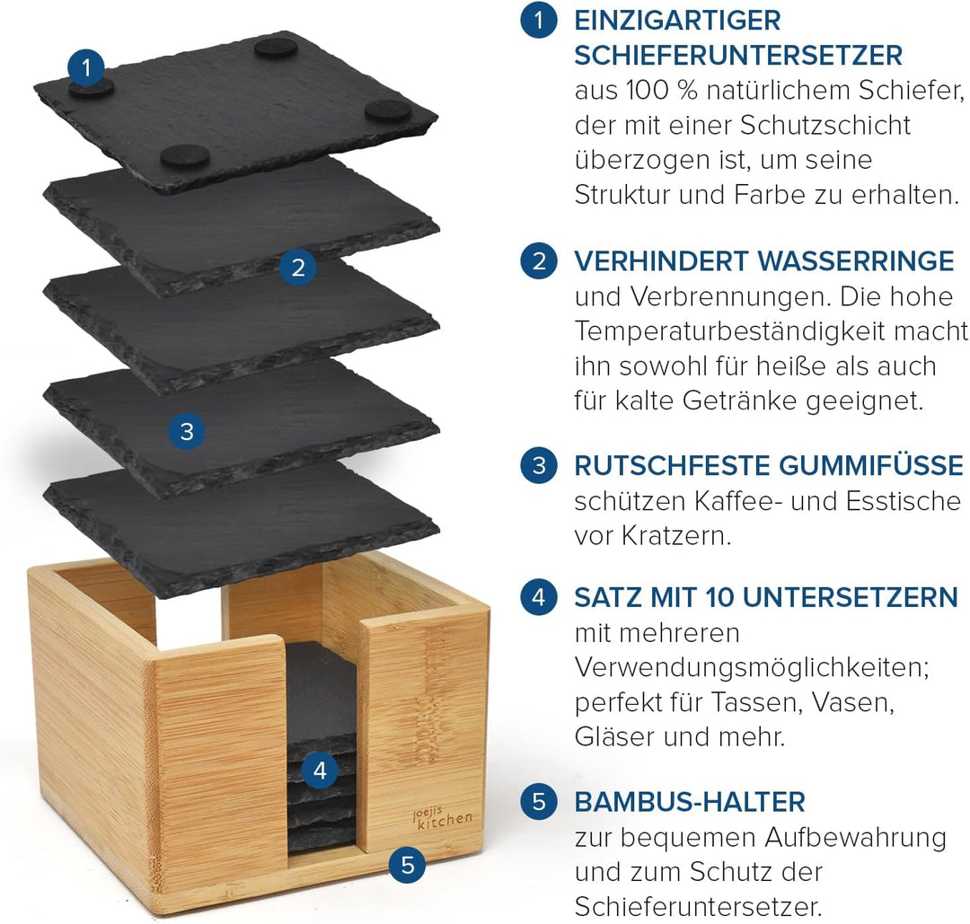 Joeji's Kitchen 10er Set Stein Schiefer Untersetzer für Getränke mit Bambus Halter - Hitzebeständige