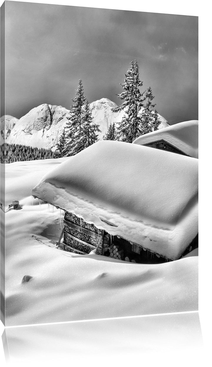 Pixxprint Berghütten Alpen / 100x70cm Leinwandbild bespannt auf Holzrahmen/Wandbild Kunstdruck Dekor