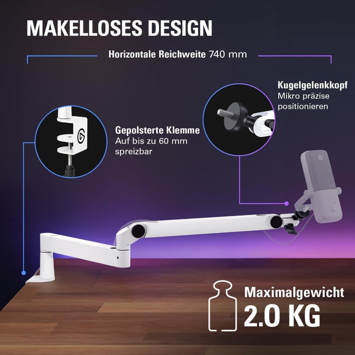 Elgato Wave Mic Arm LP White - Premium Low Profile Mikrofonarm für einen sauberen Arbeitsplatz, Tisc