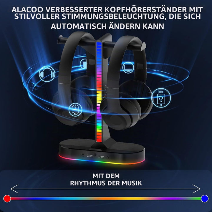 ALACOO Dual Headset Halterung mit LED-Beleuchtung, Headset Ständer RGB, Kopfhörer Ständer, Gaming Ko