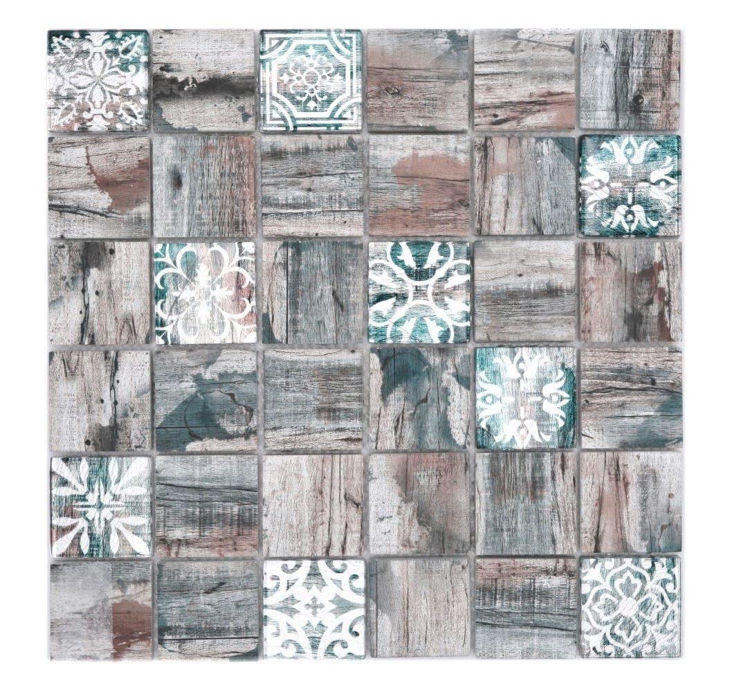 Mosaikfliese Glasmosaik Medio Vintage Patchwork grau braun pastell grün Holzoptik Ornament Küchenrüc