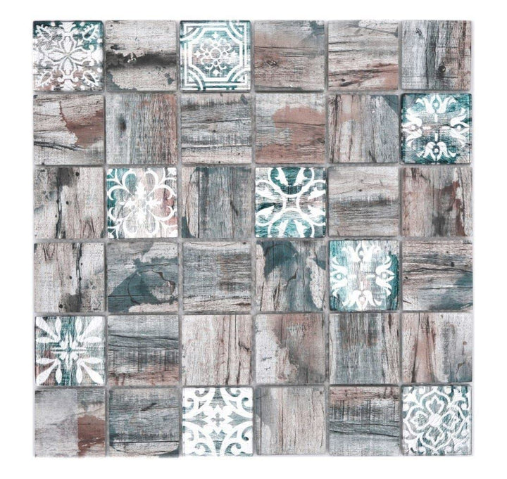 Mosaikfliese Glasmosaik Medio Vintage Patchwork grau braun pastell grün Holzoptik Ornament Küchenrüc