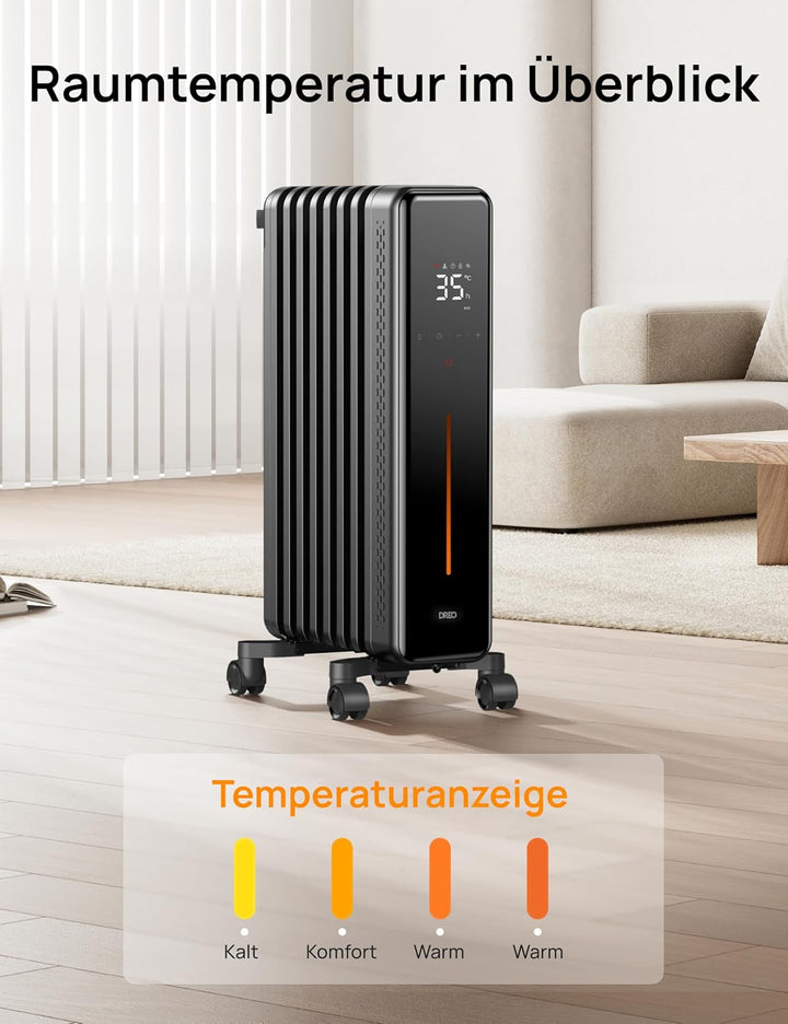 Dreo Ölradiator Energiesparend, 2000W Elektroheizung mit 9 Rippen, 3 Heizstufen, 4 Modi, 24h Timer,