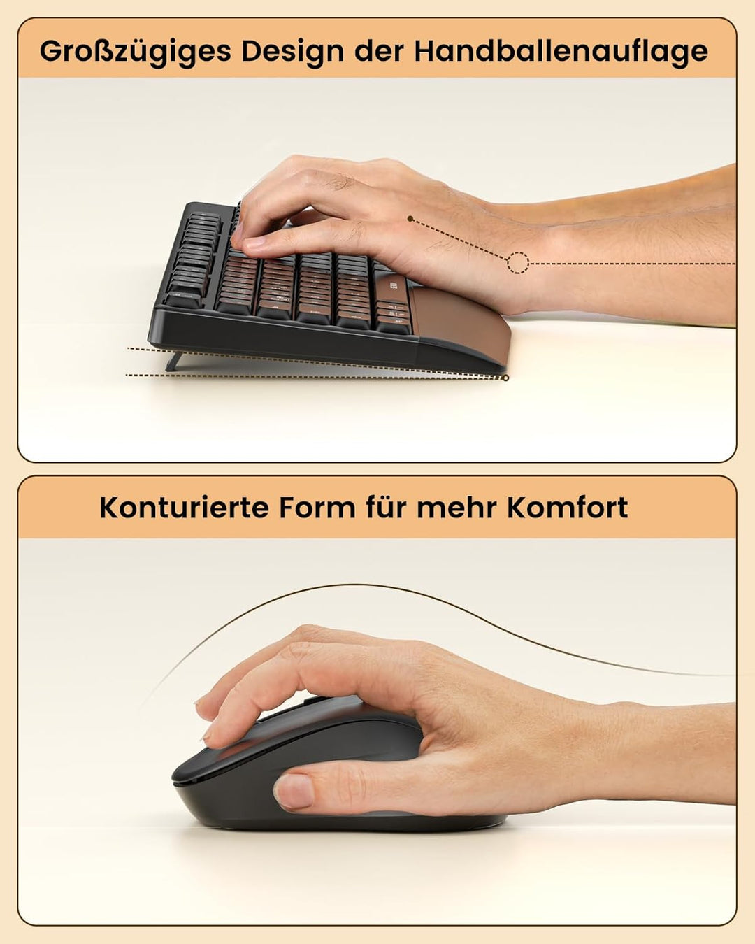 Bluetooth Tastatur mit Maus, Tastatur Maus Set Kabellos Ergonomisch, 2,4 G USB/Bluetooth Multi-Gerät