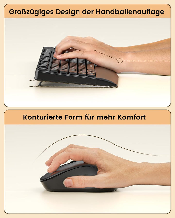Bluetooth Tastatur mit Maus, Tastatur Maus Set Kabellos Ergonomisch, 2,4 G USB/Bluetooth Multi-Gerät