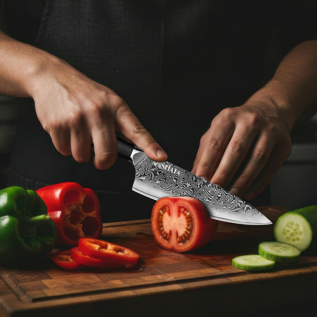 MOSFiATA Damastmesser 8 Zoll, Küchenmesser Damaststahl Kochmesser Damast Scharf Chef Knife Profi Fle