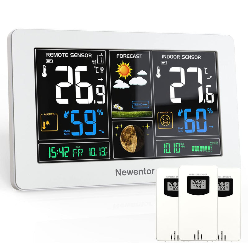 Newentor Wetterstation Funk mit 3 Aussensensoren - Funkwetterstation mit Wettervorhersage, Temperatu