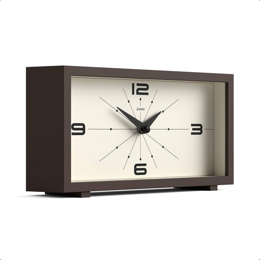 JONES CLOCKS® Schreibtischuhr 'Odeon' – modernes rechteckiges Design in Braun, stilvoller Retro-Look