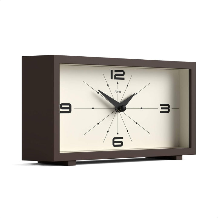 JONES CLOCKS® Schreibtischuhr 'Odeon' – modernes rechteckiges Design in Braun, stilvoller Retro-Look