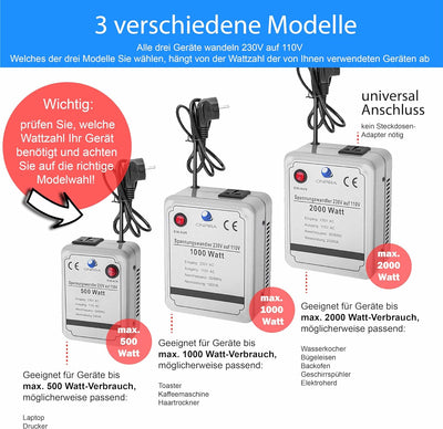 220V auf 110V Spannungswandler Transformator Wandler Umwandler Converter 230V AC (500W), 500W