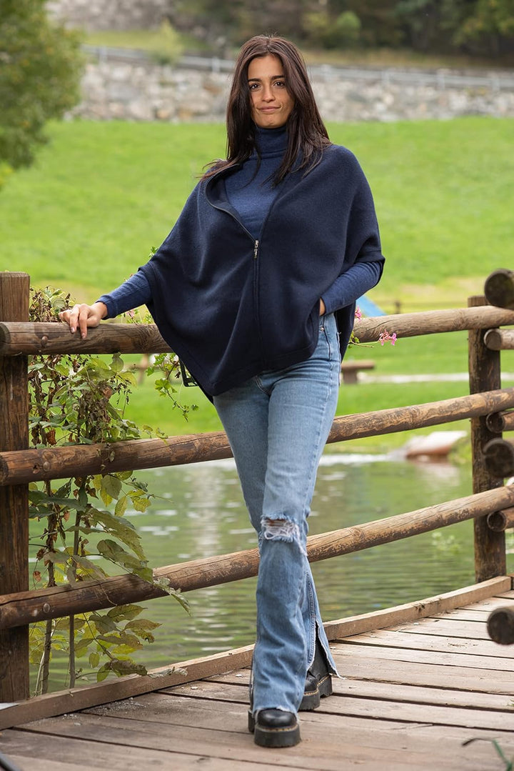 Poncho mit Reissverschluss, Kaschmir-Mischung, doppeltes Garn, für Damen, hergestellt in Italien, Me