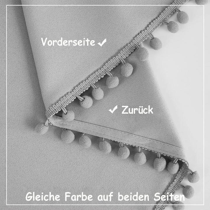 Treatmentex Blickdicht Vorhang mit Pompons Grau Vorhang mit Ösen Landhausstil Wärmeisoliert Thermovo