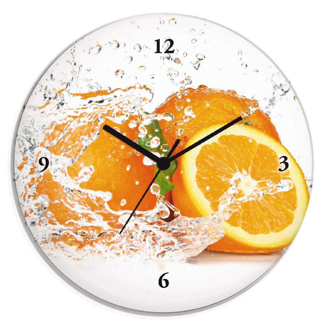 ARTLAND Wanduhr ohne Tickgeräusche Glas Quarzuhr Ø 30 cm Rund Lautlos Obst Früchte Orange im Wasser