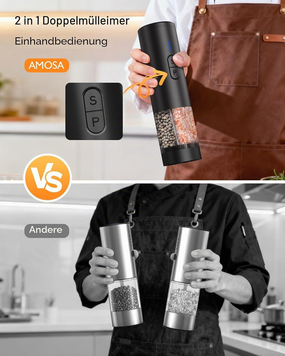 AMOSA Salz und Pfeffermühle Elektrisch, 2-in-1 Doppelbehälter USB Aufladbar, Nachfüllbar Automatisch