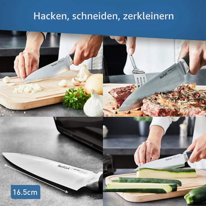 Tefal Ever Sharp Kochmesser, 16,5 cm, integrierter Messerschärfer in der Hülle, Scheibe, schneidet u