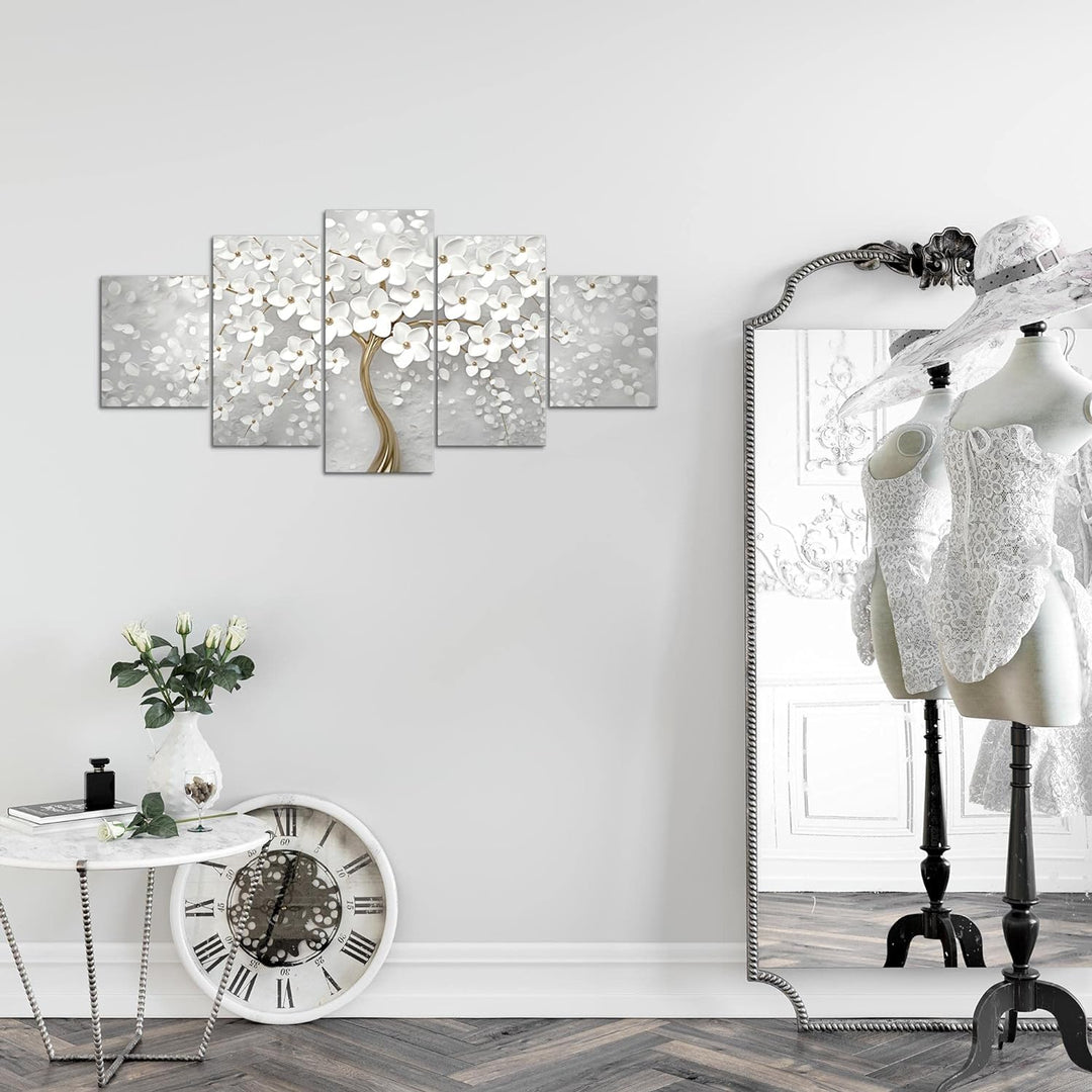 Runa Art Wandbilder Blumen 5 Teilig Bild auf Vlies Leinwand Deko Wohnzimmer Abstrakt Baum Weiss Gold
