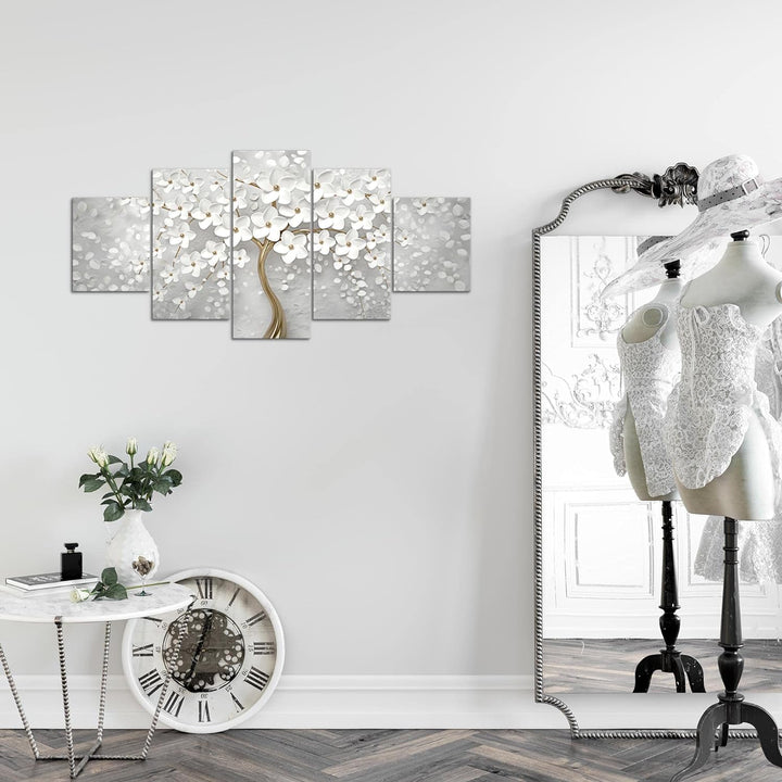 Runa Art Wandbilder Blumen 5 Teilig Bild auf Vlies Leinwand Deko Wohnzimmer Abstrakt Baum Weiss Gold
