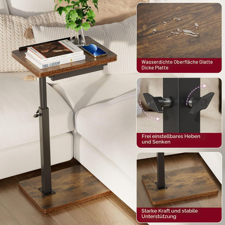 IBUYKE Beistelltisch C Form, 360° Rotierbarer/Höhenverstellbar/Flip Sofatisch, Couchtisch für schmal
