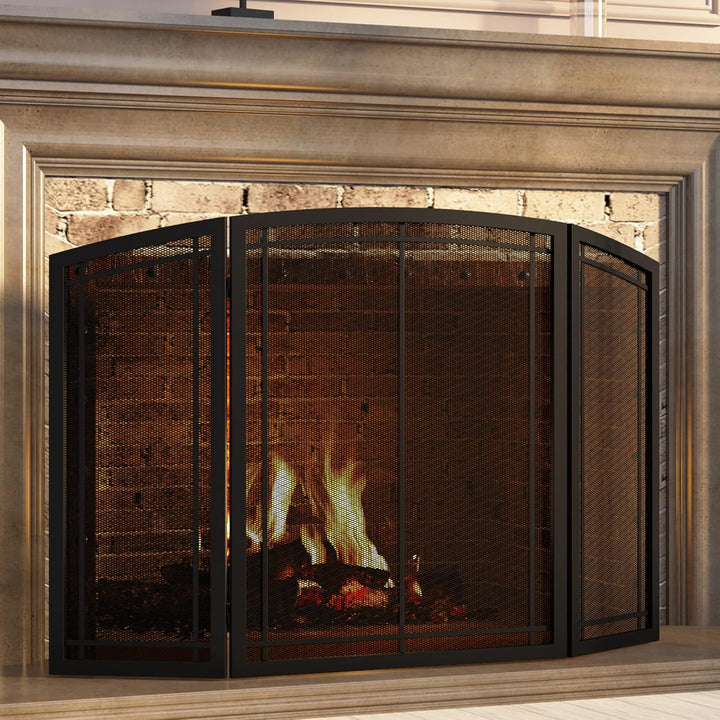 FireBeauty Funkenschutzabdeckung für Kamin, 3 Paneele, Schmiedeeisen, schwarzes Metall, 121,9 cm (L)
