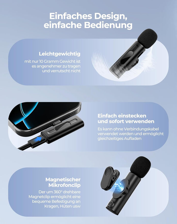 Kabelloses Lavalier-Mikrofon mit KI-Tonverbesserung, Einfach zu Bedienen Ideal für Live-Streaming, V