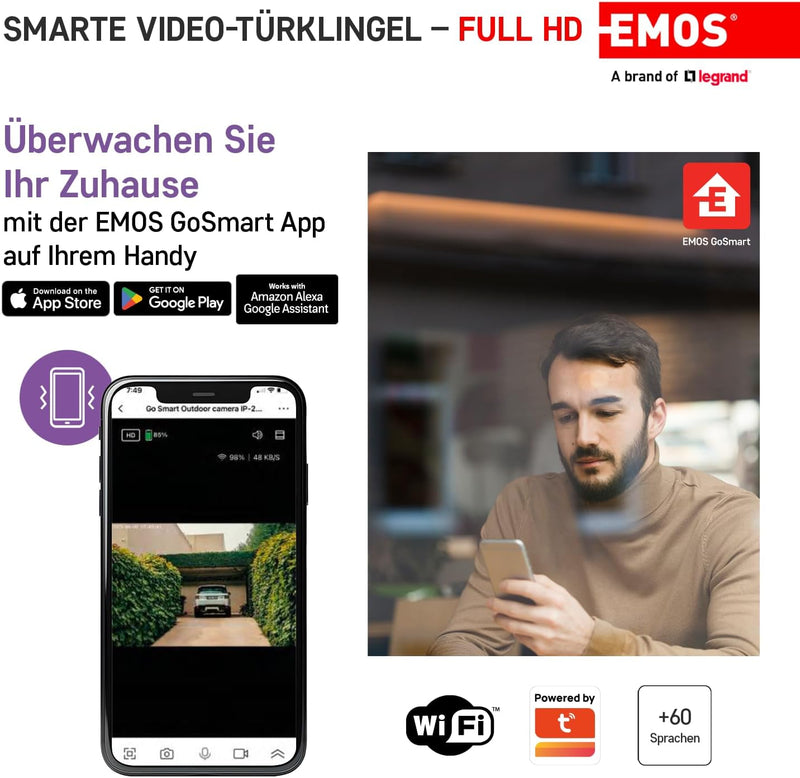 EMOS GoSmart Video-Türklingel IP-15S DC mit WiFi und App, kabellose Smart Home Videoklingel mit 1080