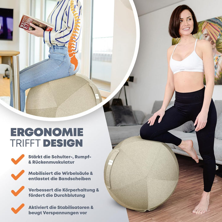 MEGGS® Stoff-Sitzball 65cm, Ergonomisch Sitzen im Büro & Zuhause, [Wegrollschutz & Platz-Sicher], Pe