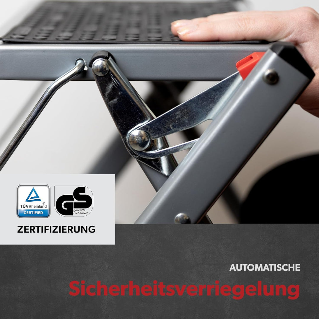 siwitec Mini-Klapptritt aus Stahl 2 Stufen Anthrazit | Kleine Trittleiter mit Anti-Rutsch-Matten | T