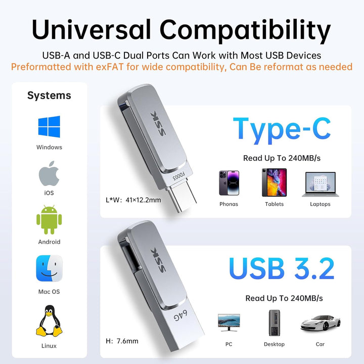 SSK 64GB USB C Stick bis zu 240 MB/s, Dual Memory Stick USB 3.2 Typ-C und USB-A Handy Speicherstick,