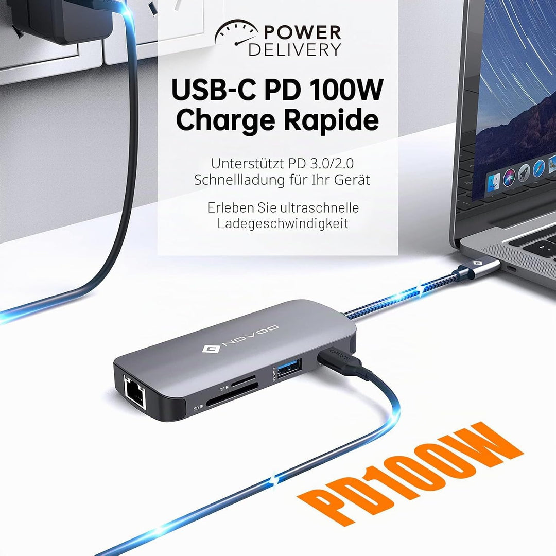 NOVOO USB C Hub 4K@60Hz USB C Docking Station HDMI 8-in-1 USB C Adapter Gigabit Ethernet mit 100W PD