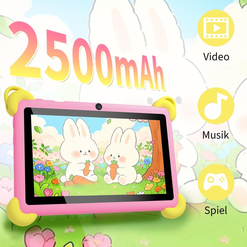Veidoo 7-Zoll Android Kinder-Tablet, 2+32 GB, Dual-Kameras, stossfeste Hülle, integriertes Hasen-Stä