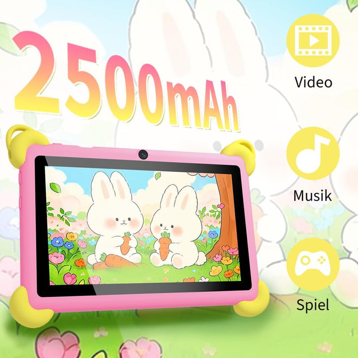 Veidoo 7-Zoll Android Kinder-Tablet, 2+32 GB, Dual-Kameras, stossfeste Hülle, integriertes Hasen-Stä