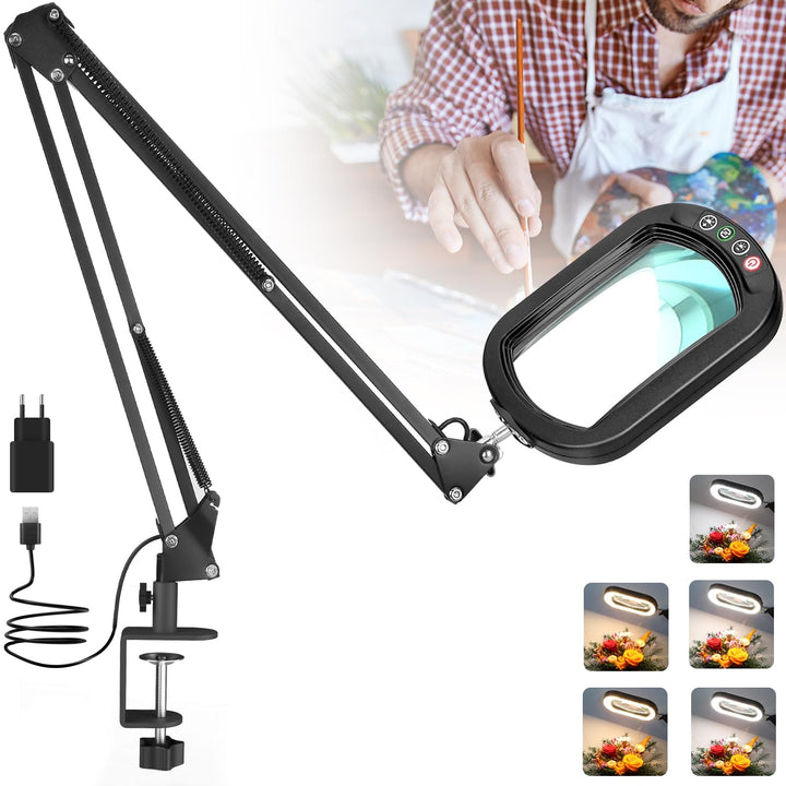 Veemagni 10X Echtes Glas Rechteckige Lupe mit Licht und Klemme, 5 Farbmodi Stufenlos Dimmen, 2 * 16