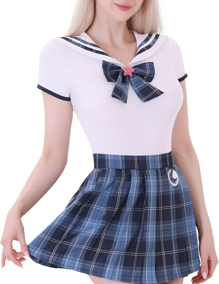Landofgenie Damen Onesie Baumwolle Bodysuit Set für Damen Cosplay JK-Uniform Mädchen Rock-Sets Blau