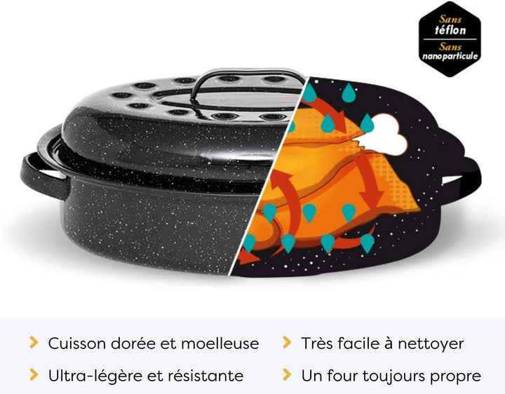 GRANITEWARE - Roaster Bräter aus emailliertem Stahl - Medium - Edelstahlrost + Rezeptbuch
