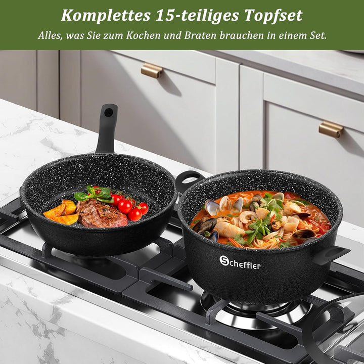 Topfset Induktion Scheffler Aluminium Kochgeschirr Set mit Glasdeckel, Töpfe und Pfannen mit Antihaf