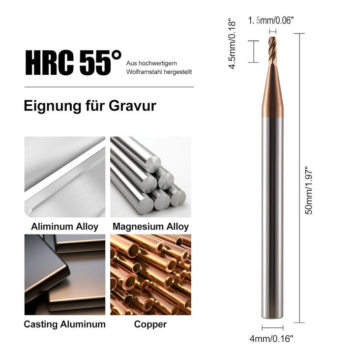 1.5mm CNC Fräser Schaftfräser Hartmetall 4 Schneiden, 5 Stücke TiSiN Coat Spiralfräser Bit VHM Bohra