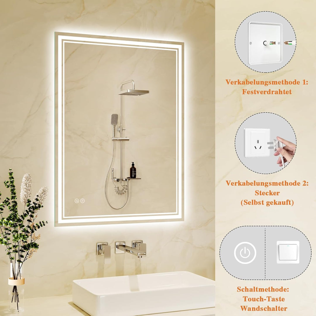 Badspiegel-mit-Beleuchtung 40x60cm LED Badezimmer-Spiegel mit Beschlagfrei, Touch-Schalter, 3 Lichtf