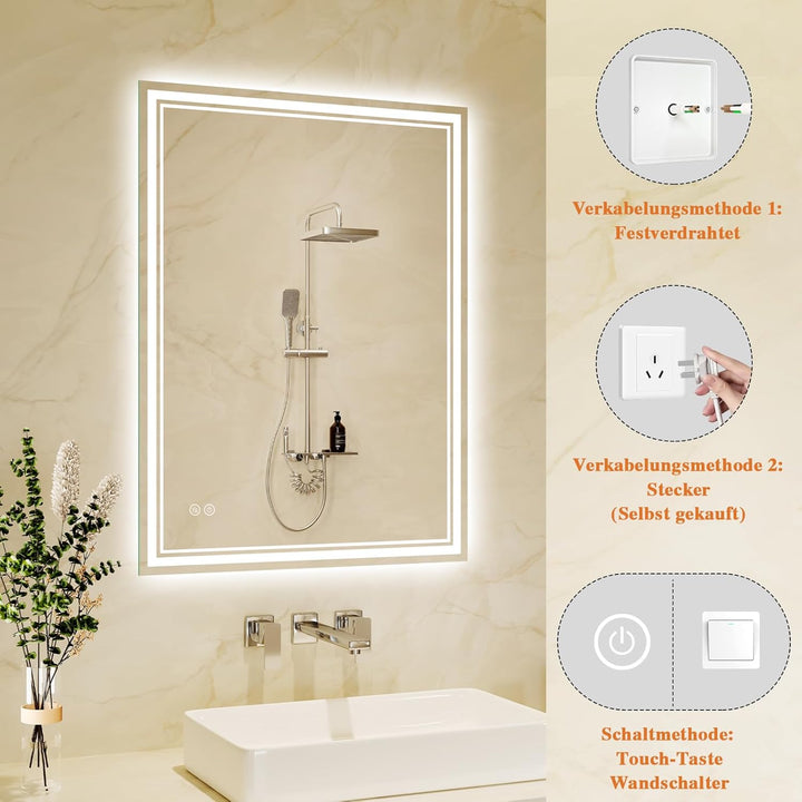 Badspiegel-mit-Beleuchtung 40x60cm LED Badezimmer-Spiegel mit Beschlagfrei, Touch-Schalter, 3 Lichtf